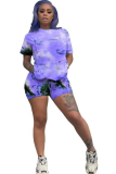 purple Fashion Casual adult Ma'am Print Tie Dye Two Piece Suits pencil Short Sleeve Two Pieces