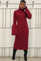 Wine Red Polyester Sexy Bell sleeve Long Sleeves Turtleneck Step Skirt Mid-Calf asymmetrical Solid Patchwork 