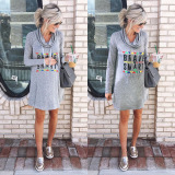 Grey Sexy Fashion Cap Sleeve Long Sleeves Turtleneck A-Line Knee-Length Print Dresses