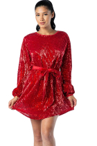 Red Acetyl fiber Casual Cap Sleeve Long Sleeves O neck Step Skirt Knee-Length bandage Sequin Solid Patch