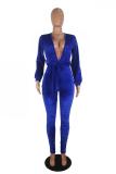 Blue Sexy Fashion Solid Backless bandage Hollow Polyester Long Sleeve V Neck  Jumpsuits