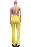 Yellow Sexy Fashion Hollow stringy selvedge Backless Solid Polyester Sleeveless Slip 