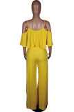 Yellow Sexy Fashion Patchwork ruffle Solid Straight Half Sleeve Two-piece Pants Set