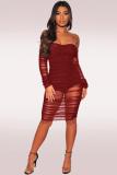 Wine Red Polyester Sexy Off The Shoulder Long Sleeves One word collar Step Skirt Knee-Length hollow out backl