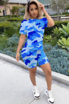 Blue Polyester Fashion Active adult Ma'am Patchwork Print Camouflage Two Piece Suits Straight Short Sleeve Two Pieces