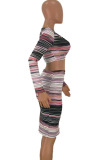 Multi-color venetian Sweet Two Piece Suits Striped Print pencil Long Sleeve Two-Piece Dress