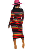 Red Polyester Casual Cap Sleeve Long Sleeves O neck Lantern skirt Mid-Calf Print Striped 
