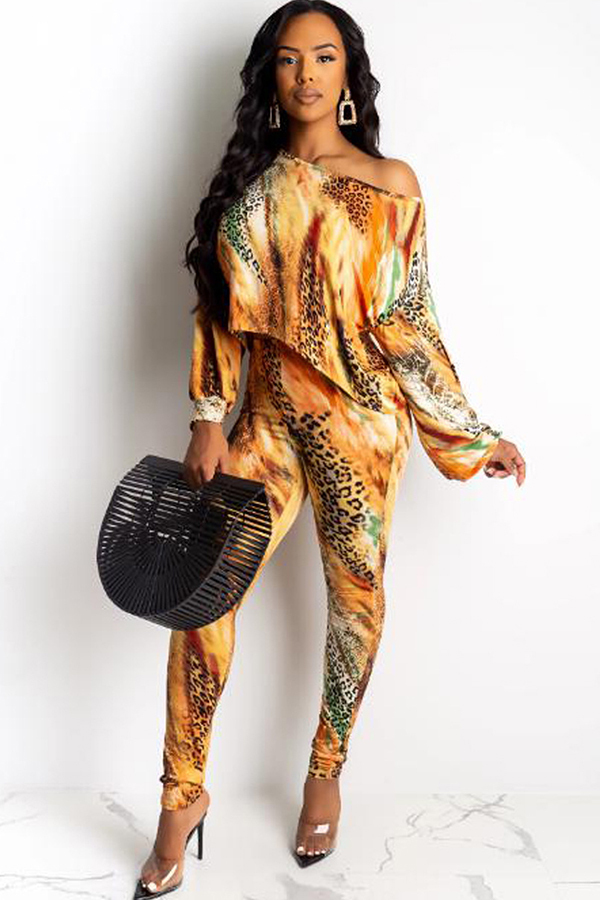 Mustard yellow Sexy Print Two Piece Suits pencil Long Sleeve