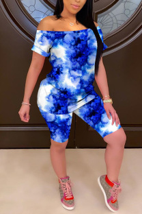 Blue Polyester Fashion adult OL Patchwork Print Tie Dye Two Piece Suits pencil Short Sleeve Two Pieces