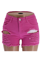 rose red Denim Button Fly Sleeveless Mid Patchwork Hole Solid Straight shorts Shorts
