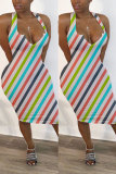 White Fashion adult Sweet White Tank Sleeveless V Neck Step Skirt Knee-Length Striped Print Patchwork Dresses