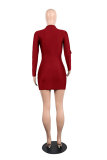 Wine Red Polyester Long Sleeve Mid Solid Hip skirt shorts 