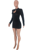 Black Sexy Cap Sleeve Long Sleeves O neck Step Skirt skirt Solid Club Dresses