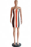 Multi-color Polyester Sexy Fashion Spaghetti Strap Sleeveless Slip Princess Dress skirt Striped Patchwork Print 