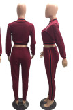Wine Red Elastic Fly Long Sleeve Mid Patchwork Straight Pants