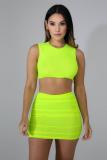 rose red Polyester Fashion Sexy Slim fit Two Piece Suits crop top Solid Fluorescent Skinny Sleeveless  Two-Pi