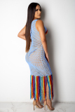 Light Blue Arylic backless Hooded Out Rainbow color perspective Patchwork Fashion Sexy Cover-Ups & Beach Dress
