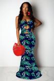 Navy Blue Polyester Fashion Sexy Off The Shoulder Sleeveless Wrapped chest Asymmetrical Floor-Length Patchwork