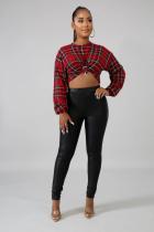 Red Polyester O Neck Long Sleeve crop top Print Plaid  Long Sleeve Tops