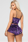 purple Polyester adult Fashion Sexy backless Patchwork Two Piece Suits Print Leopard Straight Sleeveless  T