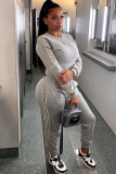 Grey Casual Beading Solid Two Piece Suits Patchwork pencil Long Sleeve Two-piece Pants Set