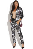 Blue Elastic Fly Long Sleeve Mid Zippered Print Patchwork Straight Pants Two-piece suit