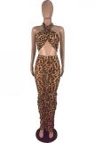 serpentine Polyester Sexy Fashion adult Leopard Two Piece Suits asymmetrical Print  Mesh pencil Sleeveless