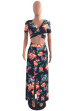 Green Polyester adult Street Fashion Two Piece Suits Patchwork Print Split Floral A-line skirt Short Sleev