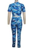 Blue Polyester Sexy Patchwork Two Piece Suits Print Straight Long Sleeve  Two-piece Pants Set
