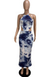 Blue Polyester Sexy Fashion Tank Sleeveless O neck Asymmetrical Ankle-Length Patchwork backless Print asy