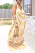 Light yellow Polyester Fashion Casual adult White Light yellow Light Purple Sky Blue Off The Shoulder Sleeveless Slip A-Line Floor-Length Striped Print Patchwork Pocket Dresses