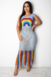Light Blue Arylic backless Hooded Out Rainbow color perspective Patchwork Fashion Sexy  Cover-Ups & Beach Dress