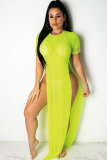 Fluorescent green Sexy Fashion Cap Sleeve Short Sleeves O neck Straight Ankle-Length perspective Print split