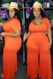 Orange Polyester Fashion Sexy adult O Neck Patchwork Solid Stitching Plus Size 