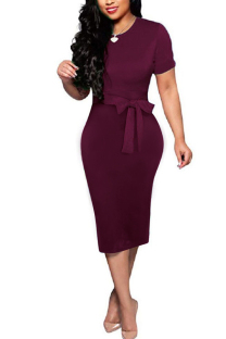 Wine Red Fashion adult Sexy Cap Sleeve Short Sleeves O neck A-Line Knee-Length Bowknot Solid Patchw