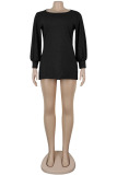Black Polyester adult Sexy Fashion lantern sleeve Long Sleeves O neck Pencil Dress Mini Solid Patchwork 