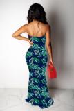 Navy Blue Polyester Fashion Sexy Off The Shoulder Sleeveless Wrapped chest Asymmetrical Floor-Length Patchwork
