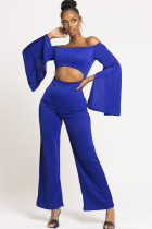 Blue Sexy Patchwork Solid Ruffled Polyester Long Sleeve one word collar  Jumpsuits