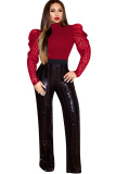 Black O Neck Long Sleeve Sequin Patchwork perspective Mesh Solid