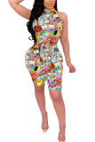 Cyan Fashion Active Print Character Two Piece Suits pencil Sleeveless Two Pieces