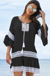 Black Polyester Fashion Sexy Ruffled Sleeve Half Sleeves O neck Asymmetrical Knee-Length Patchwork Solid  