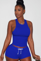Royal blue knit Sexy Patchwork Two Piece Suits Solid Straight Sleeveless  Two-Piece Short Set