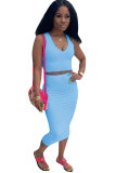 Blue Polyester Sexy Fashion Patchwork Solid A-line skirt  Two-Piece Dress
