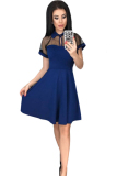 Blue Fashion Sexy Cap Sleeve Short Sleeves Turndown Collar A-Line Mini Mesh fastener Solid Cas