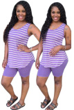 purple Fashion Sexy adult Striped Patchwork Print Two Piece Suits Straight Short Sleeve Two Pieces