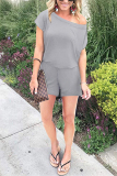 Grey Fashion Sexy Solid Patchwork Short Sleeve one shoulder collar Rompers
