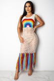 Black Arylic backless Hooded Out Rainbow color perspective Patchwork Fashion Sexy  Cover-Ups & Beach Dress