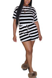 Black Fashion Casual Striped Short Sleeve O Neck Rompers
