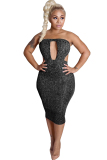 Silver Silk Fashion Ma'am adult Sexy Off The Shoulder Sleeveless Wrapped chest Pencil Dress Mid-Calf backle