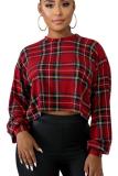 Red Polyester O Neck Long Sleeve crop top Print Plaid  Long Sleeve Tops